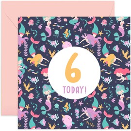 Old English Co. 6th Birthday Card for Girl with Pastel Mermaids - Cute Girls Happy Birthday Cards - Cute Mermaid Sixth Birthday Card for Her - Age Six Girl Birthday Card | Blank Inside Envelope