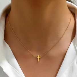 Jewigo Cross Necklace for Women 18K Gold Plated Dainty Cubic Zirconia Pendant Cross Necklace Cute Sideways Cross Faith Necklace Simple Christian Birthday Christmas Jewelry Gift
