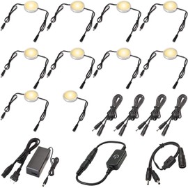 Under Cabinet Lighting Linkable LED Puck Lights, Touch Dimmable Wall Plug in 120V 12V Strip Light for China Cabinets Curio Bar Counter Closet Furniture, 10 Lights, Warm White, Black Cable