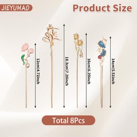 JIEYUMAO 8Pcs Flower Hair Sticks, 8 Styles Metal Chinese Hair Sticks with Pendants, Minimalist Vintage Hair Chopsticks Flower Hair Chopsticks Vintage Hairs Sticks for Women Long Hair