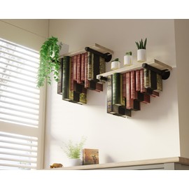 QsQueen Floating Bookshelves, Bookshelf with Industrial Pipe Brackets, Book Display Shelf for Wall, Unique Space-Saving Book Shelf Wall Book Holder, Wood Hanging Bookshelf, Great for Room Decor