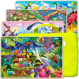 Wooden Puzzles for Kids Ages 4-6 – 4 x 60 Piece Kids Puzzles Ages 4-8-10 Year Olds by QUOKKA - Jigsaw Learning Game with Animals Dinosaurs City for 3-5 yo Wood Toys for Boys and Girls