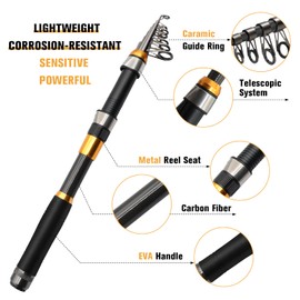 SANLIKE Fishing Rod and Reel Combos, 6.8 Feet Carbon Fiber Telescopic Fishing Pole Combo Set Quick Set Spinning Reel with Lures Accessories Travel Kit and Carrier Bag for Saltwater Freshwater