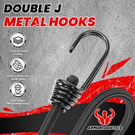 ARMORLOGISTICS Black Bungee Cords with Hooks, Bungee Cords Heavy Duty Outdoor 20 pcs, 72“ Double-J Hooks Bungee Cord Elastic Straps with Storage Bag for Camping, Tent, Securing, and DIY