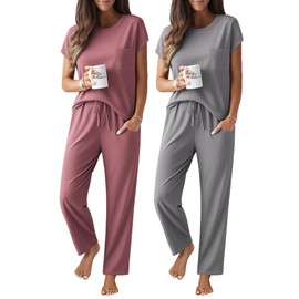 Ekouaer 2 Packs Pajamas for Women Set Cap Sleeve Top and Pants Soft Sleepwear Comfy Pjs Set with Pockets Lounge Set Pink/Grey
