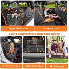 Dog car seat Cover for Back seat, 5 in 1 Convertible Dog car seat Cover, 100% Waterproof Dog Hammock for Car Nonslip Pet Seat Cover with mesh Window and Pocket for Cars, Trucks and SUV´s.