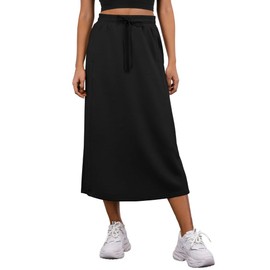 PrinStory Ladies Summer Skirts with Pockets Elasticated Waist Back Split Skirt for Women with Adjustable Drawstring (Black, M)
