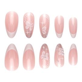 White Glitter French Tip Press on Nails Medium Almond Fake Nails with White Butterfly 3D Pearl Design Bow Pink Acrylic Nails Stick on Nails Dots Curve Bling Star False Nails for Women Manicure 24Pcs