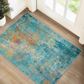 RELEANY - Alfombras lavables de 2 x 3 pies, antideslizantes, modernas, abstractas, suaves para sala de estar, entrada, recámara, cocina, patrón de impresión, verde azulado, verde, naranja, rojo