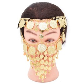 Women Masquerade Masks Face Chain Metal Jewelry Belly Dance Face Coin Veil Dance Play Accessories (Golden-A)