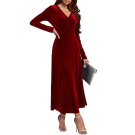 UUXQOYGR Long Sleeve Velvet Wedding Guest Dresses Formal Maxi Dress for Women Red