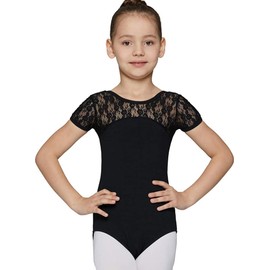 MdnMd Kids Children Girls' Black Lace Leotard for Dance Ballet Gymnastic Bodysuit (Black, Age 6-8)