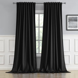 DUALIFE 2 Pcs Blackout Extra Long Black Curtains/Drapes 132 Inch Length,Thermal Insulated Black Draperies for Loft,(Black, 2 Panels,52" W x 132''L)