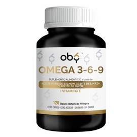 OBY Omega 3 + Vitamina E, Omega 6 y Omega 9. 120 Softgels. Omega 3 6 9 capsulas: Aceites Puros de Salmon, Linaza, Olivo, con DHA y EPA. Sin metales pesados. Suplemento alimenticio Sin sabor y Sin olor