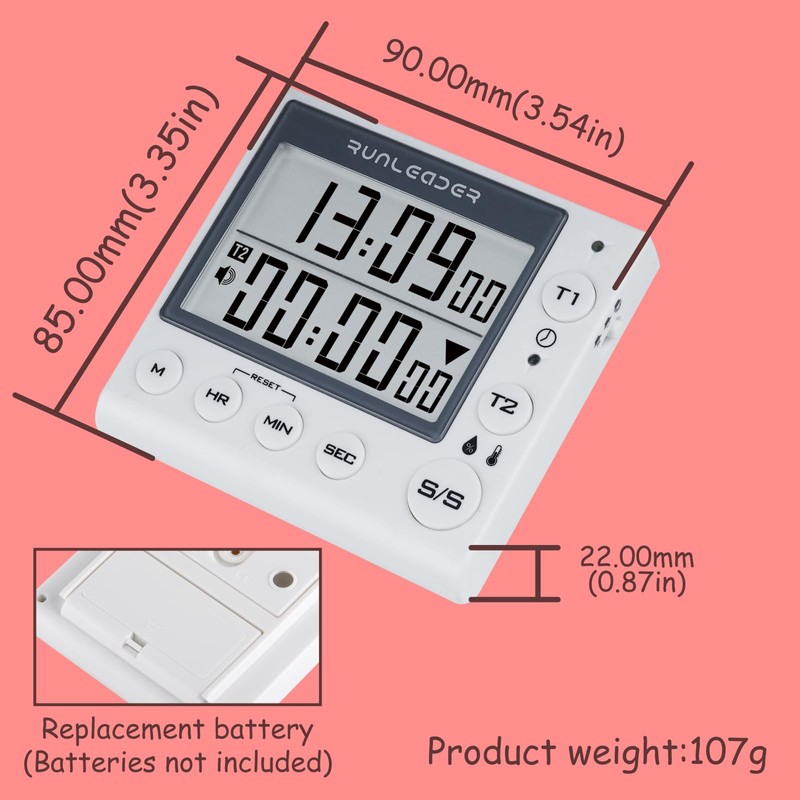 Jayron KT002A 2-Channel Kitchen Timer Magnetic Countdown Timer Clock Temperature