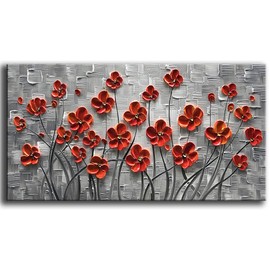 YaSheng Art - Hand Painted 3D Oil Paintings On Canvas Red Flowers Paintings Modern Home Decor Abstract Artwork Canvas Wall Art Paintings,Stretched and Framed Ready to Hang 24x48inch