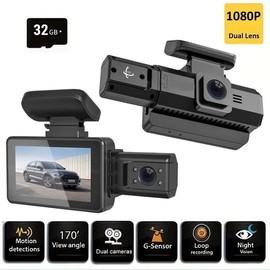 VAVUPO 1080P dual cameras, front and in car dashcams, in car camera with infrared night vision function, loop recording, wide-angle in car DVR camera with 3-inch IPS screen, dual lens in car dashboard video camera - Color: Dual Lens+32G Crad