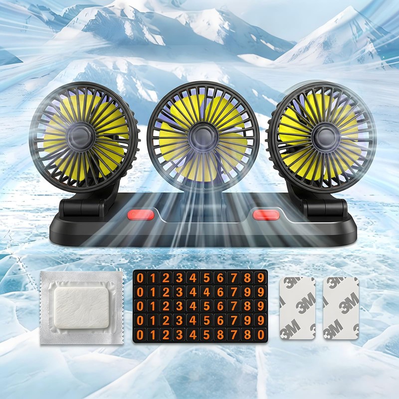 Glatiaofy 12V Car Cooling Three-Head Fan, 360° Rotation, 2-Speed Adjustable,