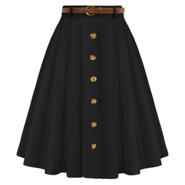Belle Poque Women's Vintage Skirts Retro Stretch High Waist A-Line Flared Midi Skirts with Pockets and Belt, black