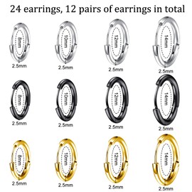 JSTHHTT 12 Pairs Small Hoop Earrings, Earrings for Women, Silver Hoops Earrings for Women Sleeper Small Hoop Earrings Tiny Mini Hoop Earrings for Girls Women 8/10/12/14 mm (Silver, black, gold)