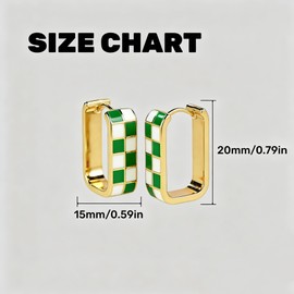 Chunky Checkered Huggie Hoop Earrings for Women, 14K Gold Plated Dainty Black White Green Enamel Square Huggie Hoops, Hypoallergenic Trendy Earrings for Daily & Gift Wear (Green)