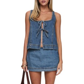 Elyincii Womens Denim Set Tie Front Sleeveless Vest and Jean Mini Skirt 2 Piece Sets Cute Summer Going Out Outfits (01Blue, M)