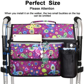 Wheelchair Organizer Storage Bag, Double-Sided Armrest Pouch with Cup Holder and Reflective Strip, for Wheelchairs and Walkers (Purple Butterfly)