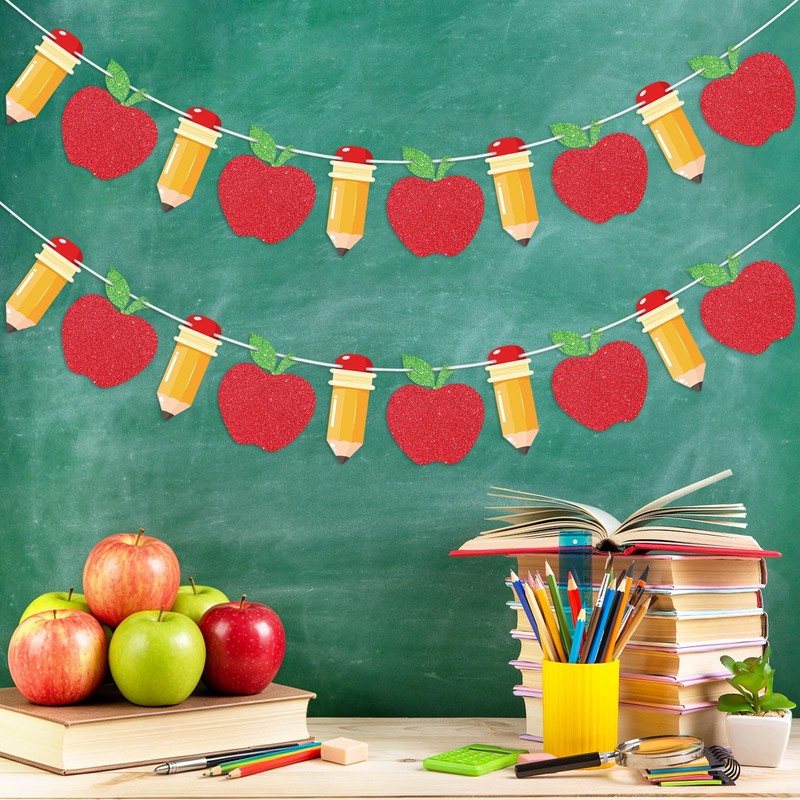 2 Pieces Back to School Pencil and Apple Banner Decorations