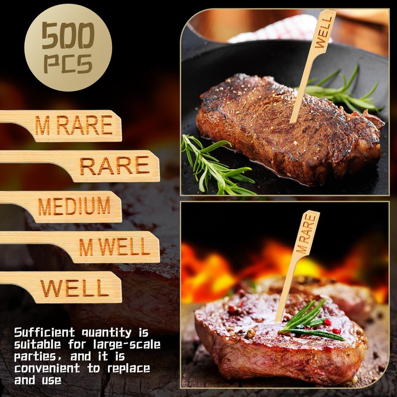 Soaoo 500 Pcs 3.5" Assorted Bamboo Wood Temperature Picks Steak
