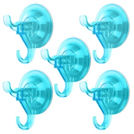 Antimbee Suction Cup Hooks, 5 Pack Shower Wall Suction Cup Hangers, Heavy Duty Vacuum Suction Cups, Reusable Bathroom Suction Hooks for Window, Tile Wall, Glass Door-2 Hooks Design(Transparent Cyan)