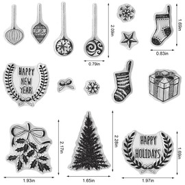 Threetols Happy New Year Clear Silicone Stamps Christmas Tree Ball Snowflake Clear Rubber Scrapbooking Stamps with Sentiment Words for Xmas Card Making DIY Photo Album