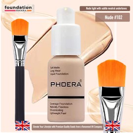 Glamza PHOERA Foundation Concealer Makeup Full Coverage Matte Brighten Long Lasting UK + Professional Flat Face Foundation Brush (102 NUDE)