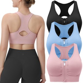 Evercute Women's Zip Front Sports Bras Wireless Padded Racerback Medium Support Post-Surgery Bra Yoga Exercise Athletic Bras