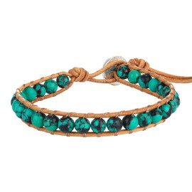 KELITCH Turquoise Beads Strand Bracelets Natural Stone Leather Wrap Bracelet New Adjustable Charm Bracelets (Green 18B)