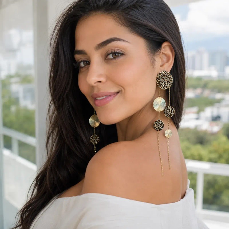 QinmiGarden - Aretes Extra Largos Mujer Leopardo Con Cadenas Y