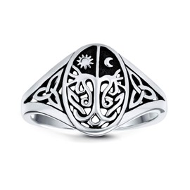 Celestial Celtic Night Day Sun Moon Family Wishing Tree Of Life Oval Signet Ring For Women Antique Style .925 Sterling Silver