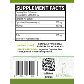 100% Pure Organic SUPERFOOD - SPIRULINA & Moringa VEEGGIE Capsules (240-Bottle)