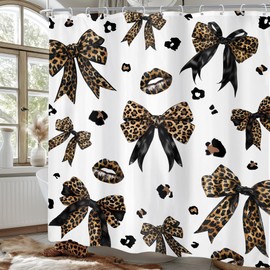 Newsely Leopard Print Bow Shower Curtain 60Wx72L Inch Woman Girls Bownot Retro Brown Cheetah Fashion Shower Curtain Bathroom Set Vintage Modern Waterproof Bath Decoration Accessories Home Decor
