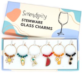 Summer Wine Glass Charms, Set of 6 include: Sun bed, Sun, Flipflop, Cocktail, Watermelon and Sunglasses, Set of 6 Summer Gold Enamel Stemware Identifiers