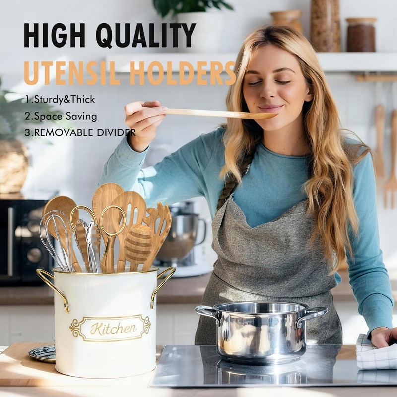 EQEY Kitchen Utensil Holder, 5.1" Metal Cooking Utensil Crock with