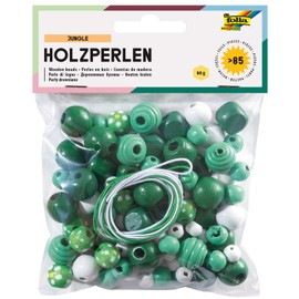 folia Jungle Mix 22974 Wooden Beads, Green/White, 60 g Equivalent to 85 Pieces, in Various Colours and Shapes, for Making Necklaces and Bracelets, Includes 2 Cords Each Approx. 85 cm