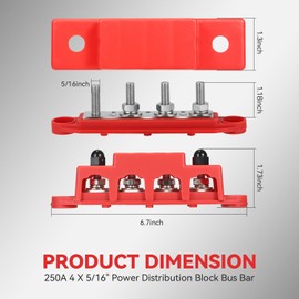 Heart Horse Power Distribution Block Bus Bar 5/16'' Terminal Stud 4 Post with Cover 250 Amp Rating for Marine Automotive and Solar Wiring RV Boat (250A, 5/16'', Red+Black)
