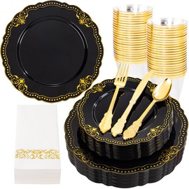 Ciaell 175 PCS Black and Gold Plastic Plates - Black Disposable Dinnerware Set with 50 Plates, 25 Knives, 25 Forks, 25 Spoons, 25 Cups, 25 Napkins for Parties and Weddings