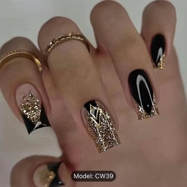 24pcs Short Square Shape Press On Nails, Fake Nail With Golden Glitter Powder Decor,  Golden Black Fake Nails,  Glossy  Acrylic Full Cover Nails For Women And Girls Nail Art Nail Care Nail Polish Polish Coverage Cutics Cosmetic Manicure