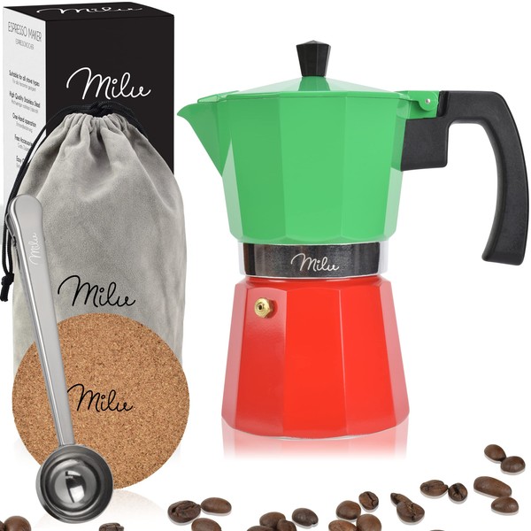 Milu Espresso Maker (No Induction) | 2, 3, 6, 9 Cups | Aluminium Mocha Pot, Espresso Pot, Espresso Maker Set Including Coaster, Spoon, Brush (Italia, 3 Cups (150 ml)