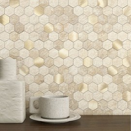 MOFIT Hexagon Peel and Stick Backsplash Tiles Kitchen,Self-Adhesive Metal and Marble Honeycomb Peel and Stick Wall Tiles Sticker Mosaic Heat Resistant(Beige,5sheets)