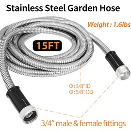 Sutekus Stainless Steel Metal Garden Hose 15FT, Flexible and Kink-Free Water Hose for Outdoor Use (No Sprayer)