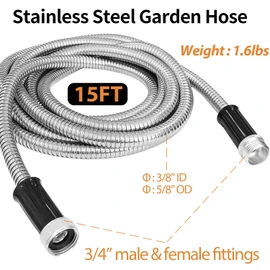 Sutekus Stainless Steel Metal Garden Hose 15FT, Flexible and Kink-Free Water Hose for Outdoor Use (No Sprayer)