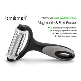 Lantana 3 in 1 Peeler with Serrated Vegetable Julienne Slicer for Speed Peeling of Potato, Carrot and All Kinds of Veg & Soft Skinned Fruit. Black/Stainless Steel