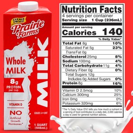 Prairie Farms Whole Milk, Shelf Stable, Boxed & Ultra Pasteurized (UHT), Vitamin D White Milk - Preservative and Hormone Free, Gluten Free, Kosher, Made in USA - 1 Quart (4 Pack)